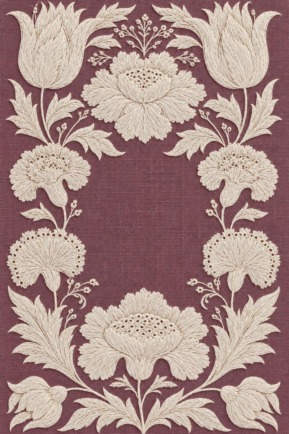 Fine cotton embroidery of symmetrical tulip and carnation ornamental frame on dusty plum linen.