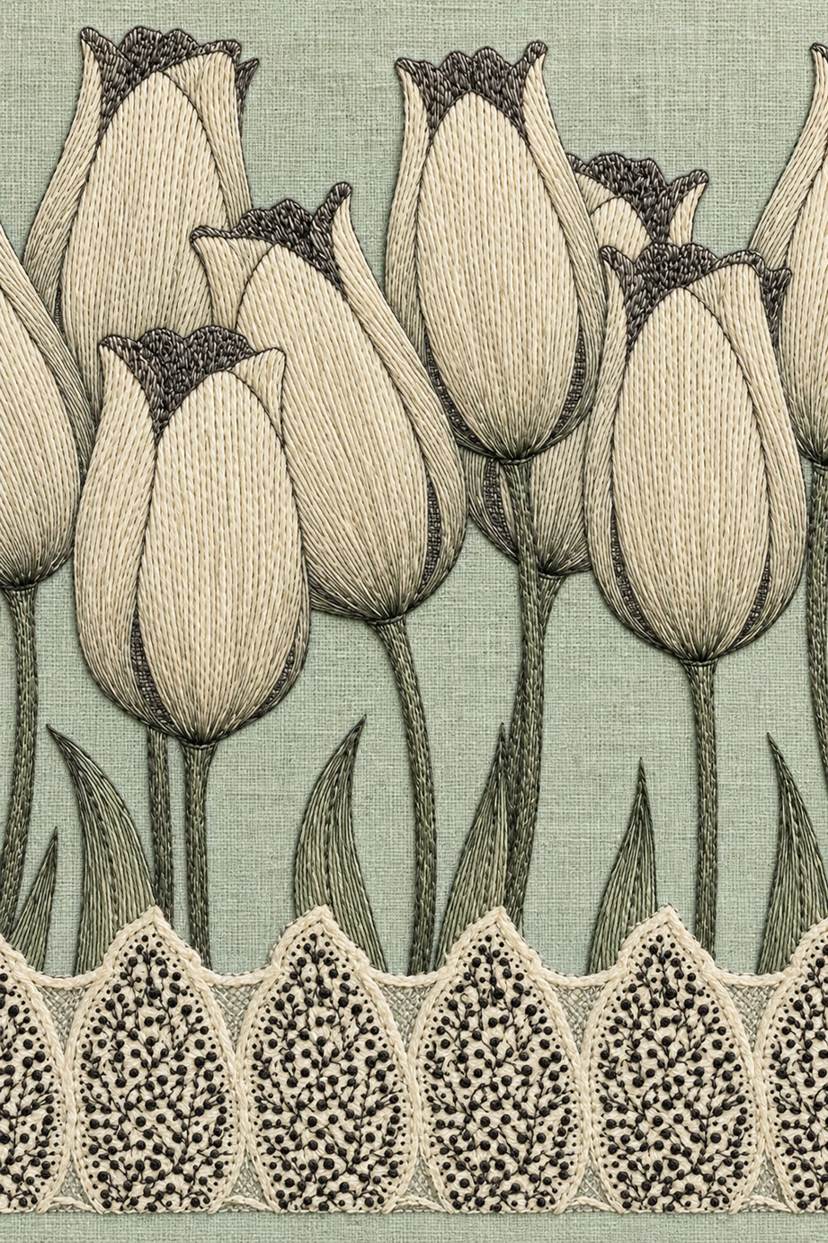 Fine cotton embroidery of tall tulips with scalloped floral border on pale celadon linen.