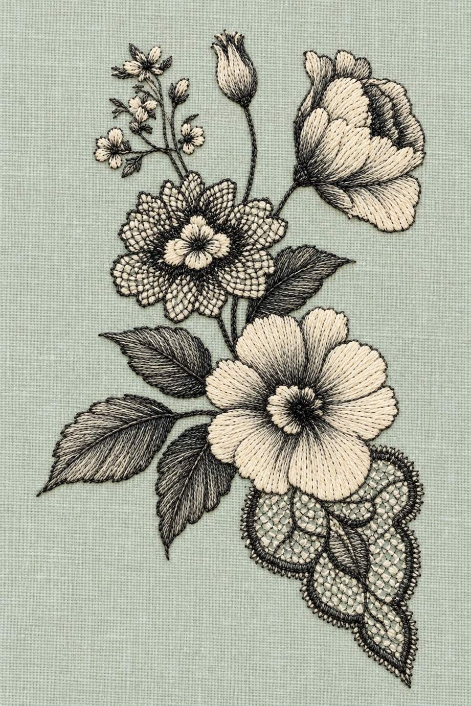 Fine cotton embroidery of three flower spray with lace petals on pale celadon linen.