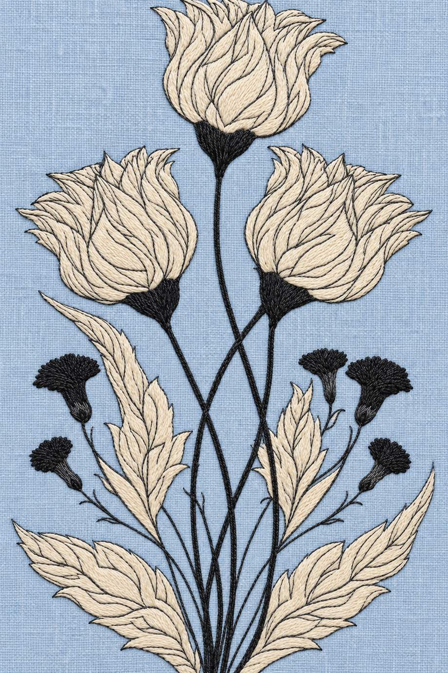 Fine cotton embroidery of three tall tulips with dark calyces on powder blue linen.