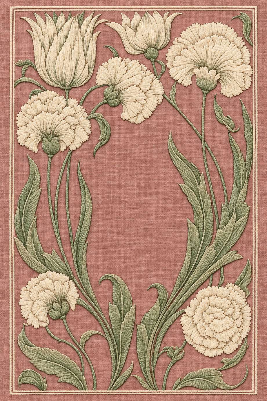 Fine cotton embroidery of tulip and carnation rectangular frame on dusty rose linen.
