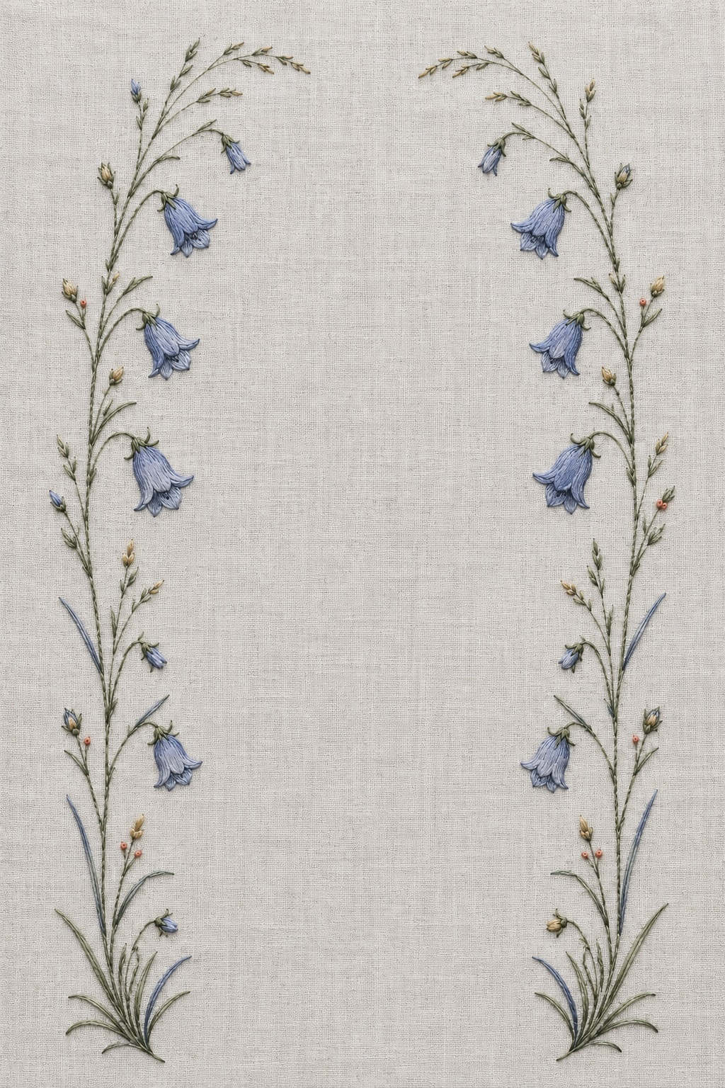 Illustrative embroidery design: Two narrow harebell-and-grass bands run down the sides of a broad clear field.