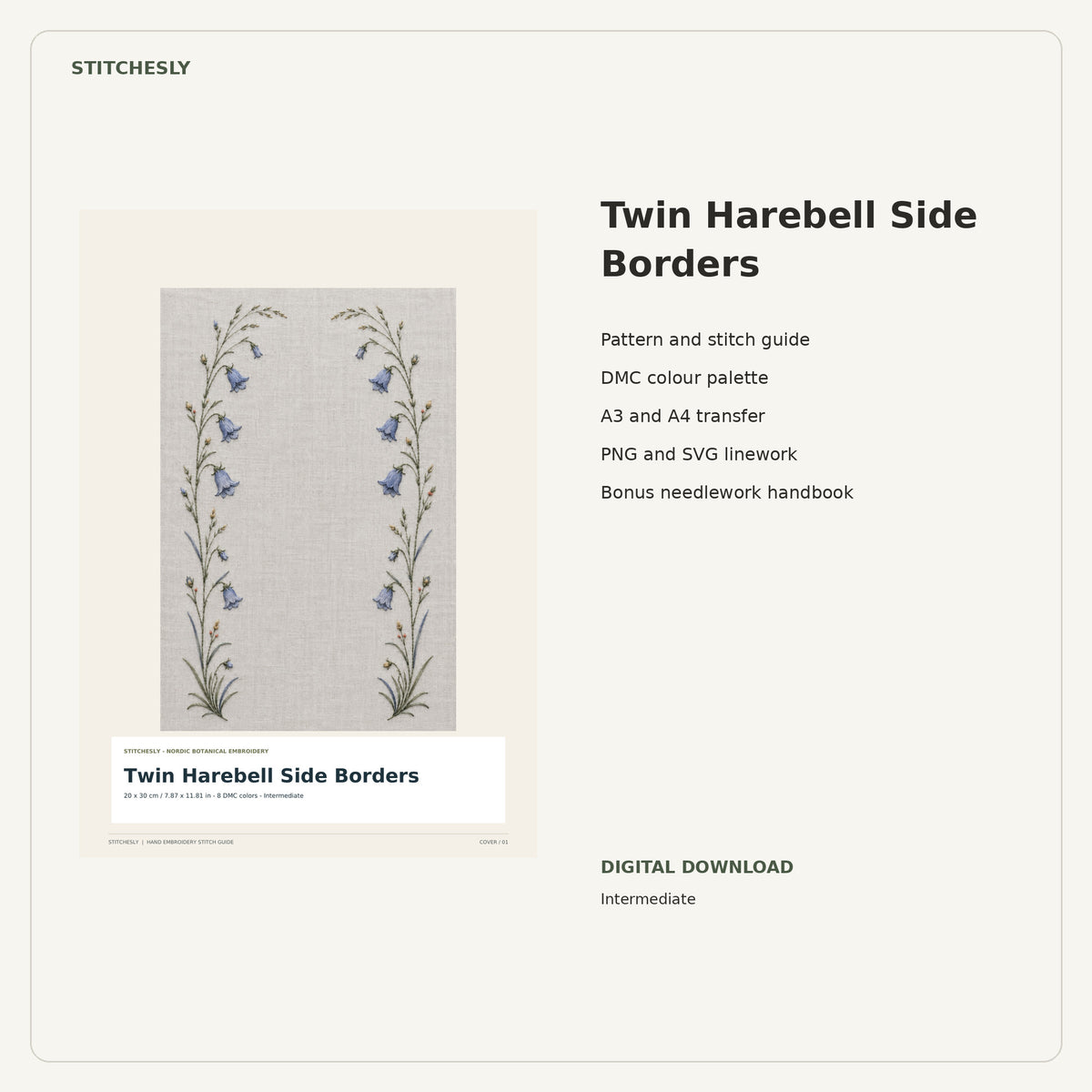 Twin Harebell Side Borders PDF stitch guide cover, pattern files and bonus needlework handbook.