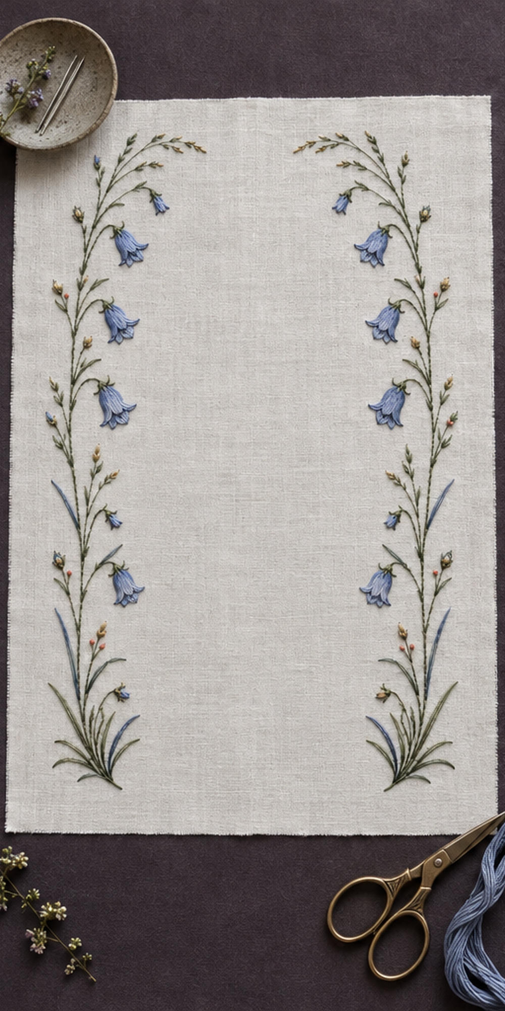 Botanical textile flat lay mockup featuring the Twin Harebell Side Borders hand embroidery design. Two narrow harebell-and-grass bands run down the sides of a broad clear field.