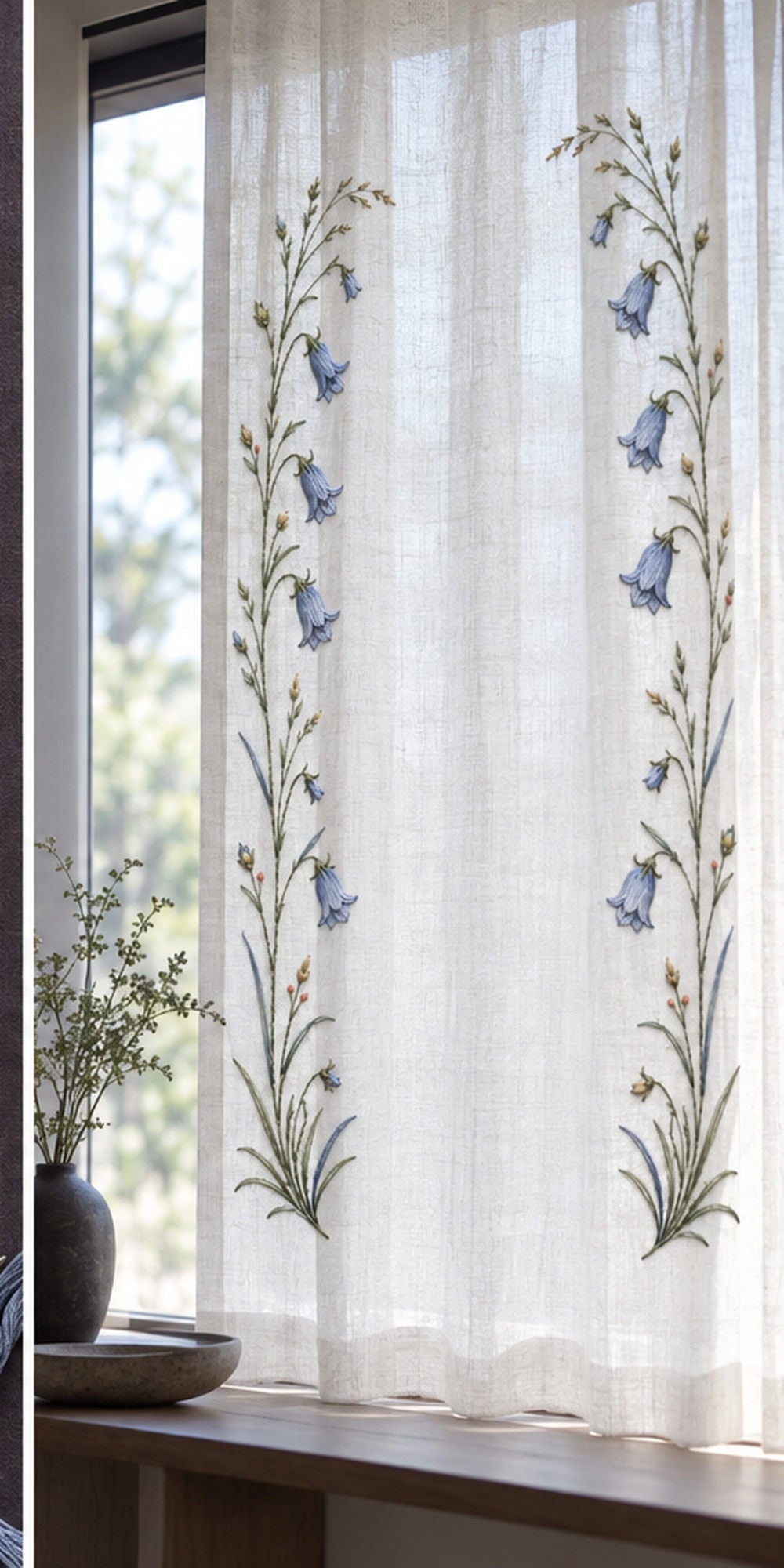 Hanging linen panel mockup featuring the Twin Harebell Side Borders hand embroidery design. Two narrow harebell-and-grass bands run down the sides of a broad clear field.