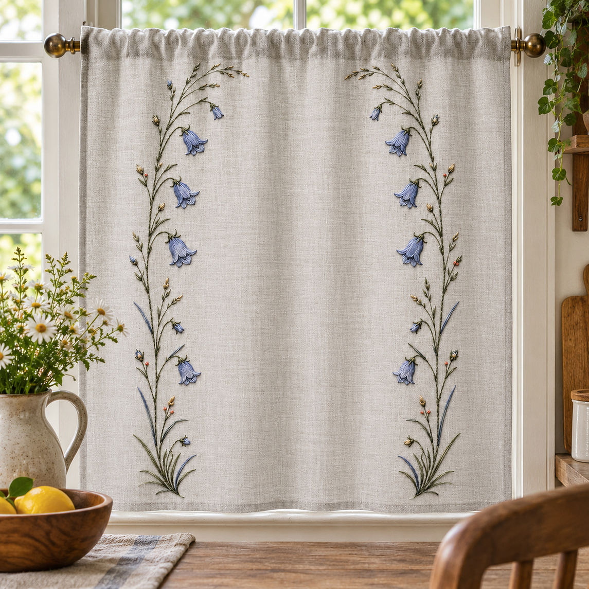 Hanging linen textile mockup featuring the Twin Harebell Side Borders hand embroidery design. Two narrow harebell-and-grass bands run down the sides of a broad clear field.
