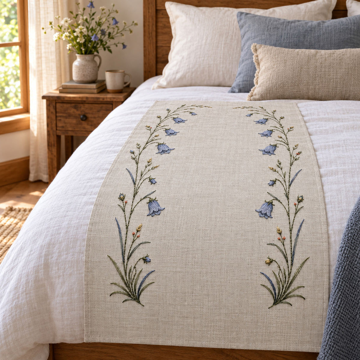 Linen cushion mockup featuring the Twin Harebell Side Borders hand embroidery design. Two narrow harebell-and-grass bands run down the sides of a broad clear field.