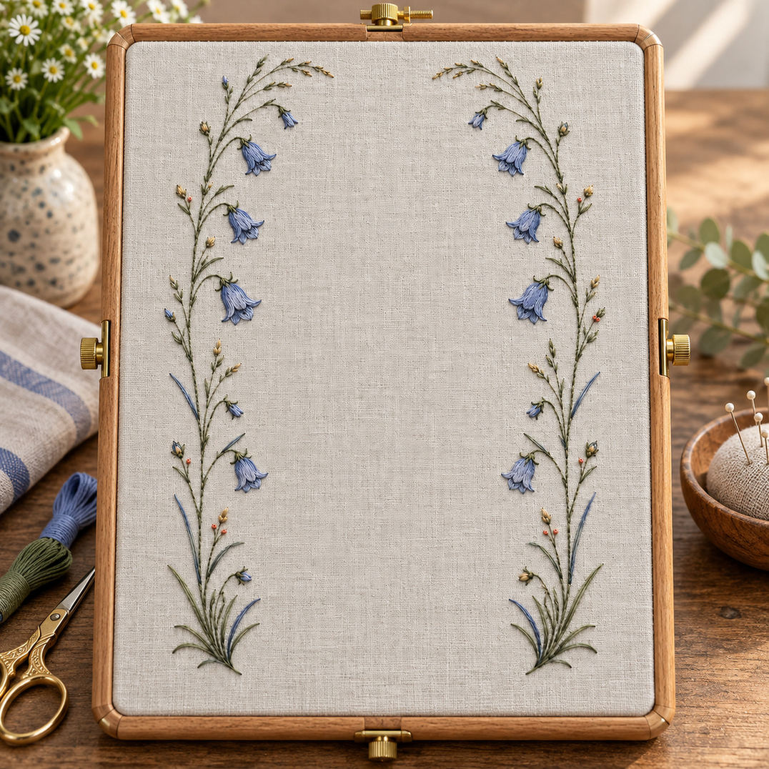 Framed botanical textile mockup featuring the Twin Harebell Side Borders hand embroidery design. Two narrow harebell-and-grass bands run down the sides of a broad clear field.