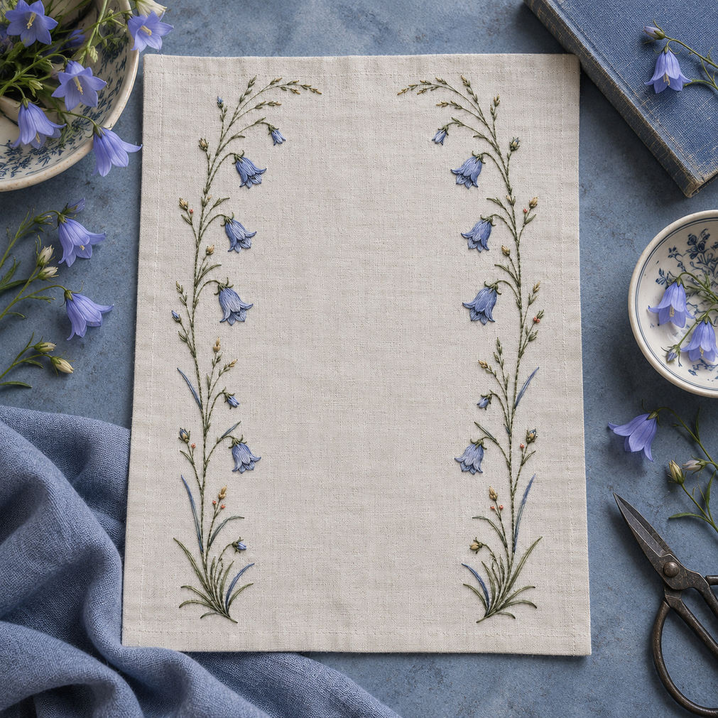 Linen textile laid flat mockup featuring the Twin Harebell Side Borders hand embroidery design. Two narrow harebell-and-grass bands run down the sides of a broad clear field.