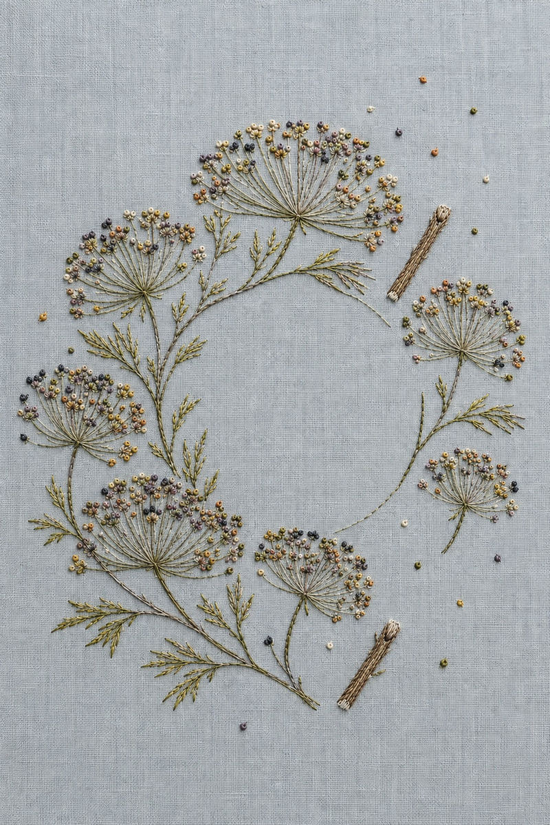 Illustrative embroidery design: Fine umbel stems and dispersed seed points trace an incomplete halo on blue-grey linen.