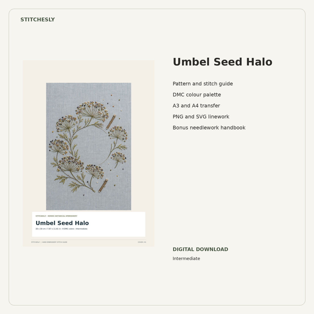 Umbel Seed Halo PDF stitch guide cover, pattern files and bonus needlework handbook.