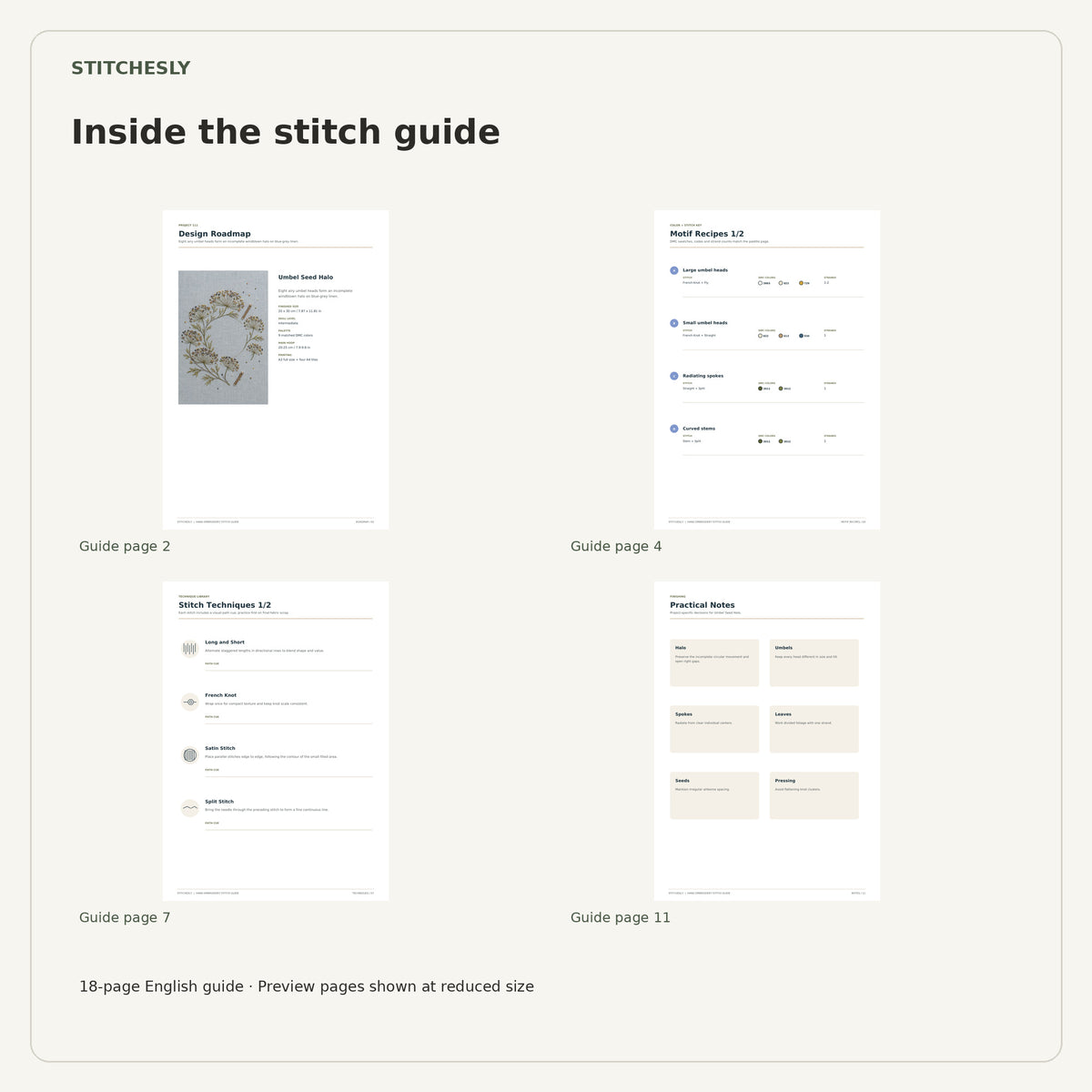Four reduced-size preview pages from the 18-page Umbel Seed Halo stitch guide.