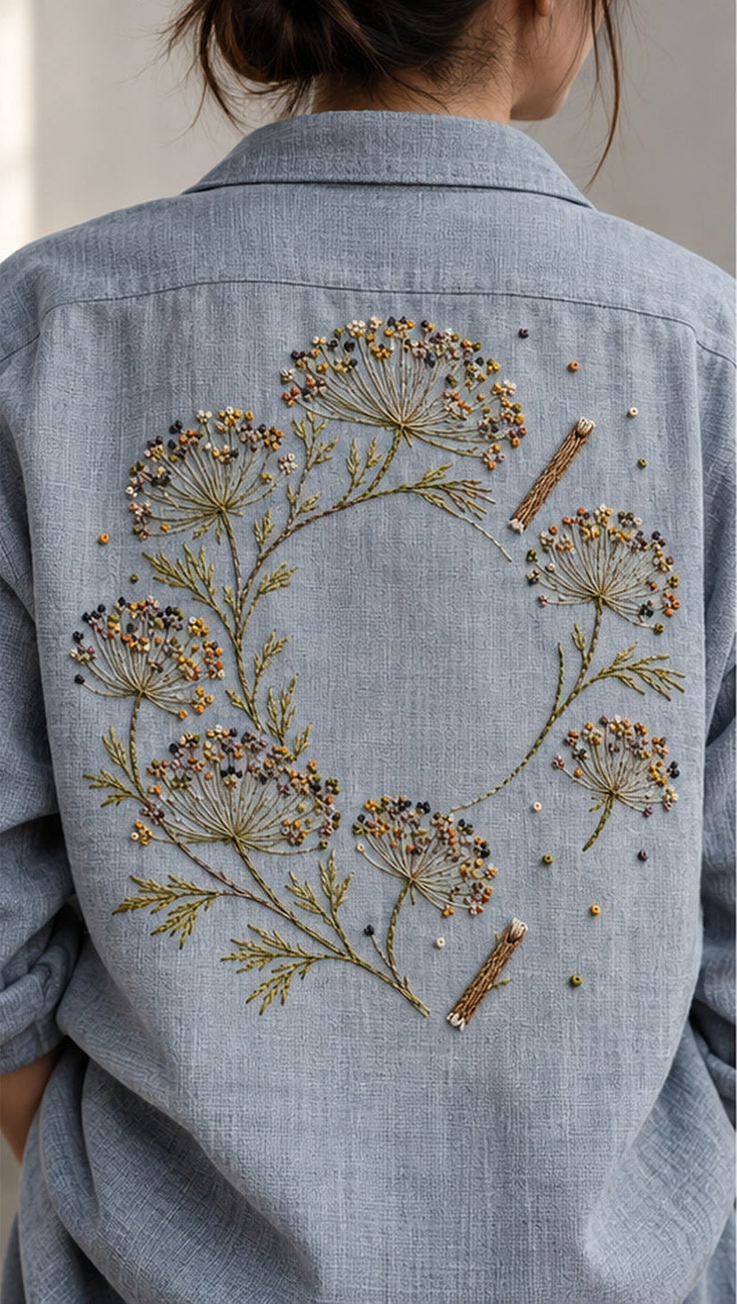 Blue linen jacket mockup featuring the Umbel Seed Halo hand embroidery design. Fine umbel stems and dispersed seed points trace an incomplete halo on blue-grey linen.