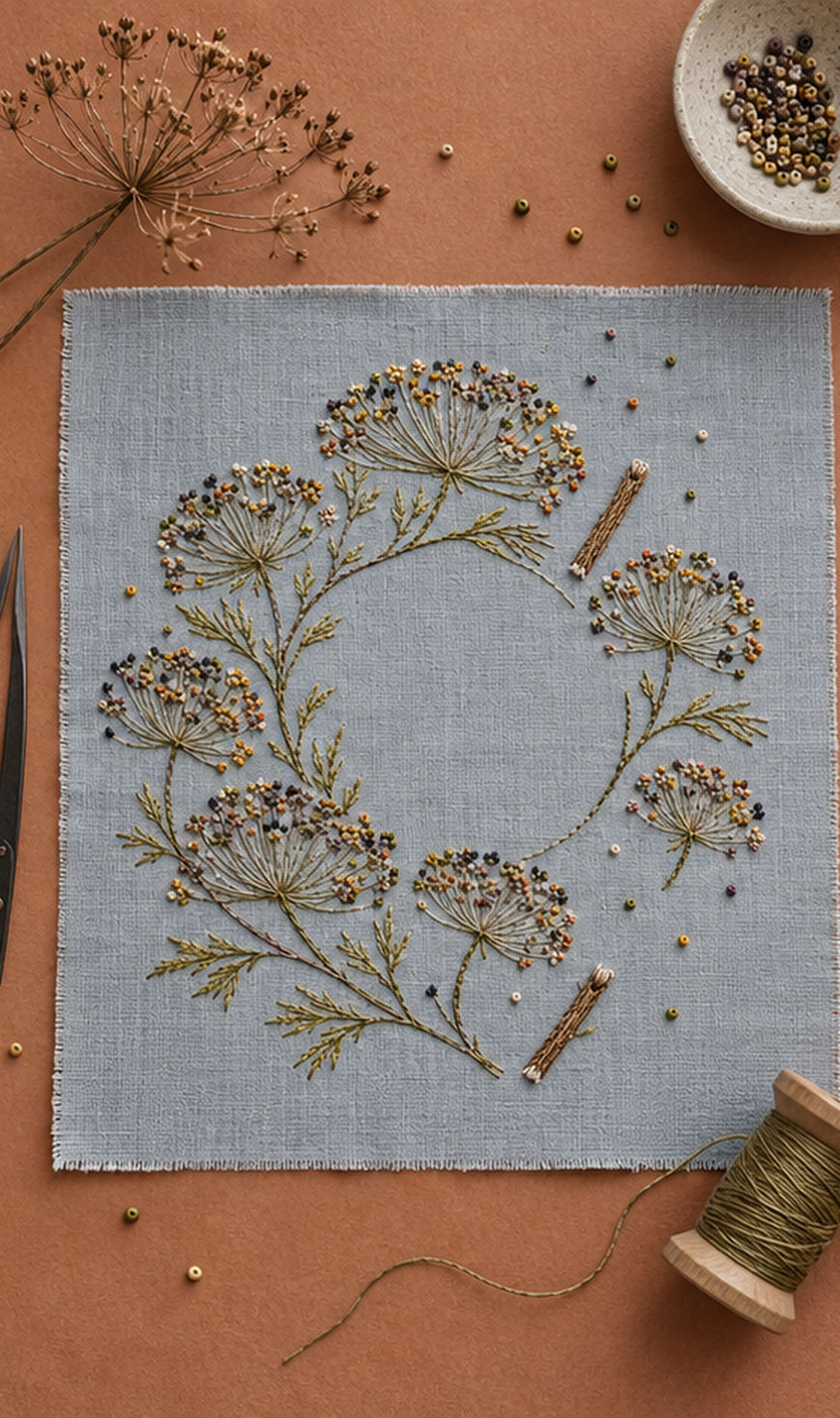 Botanical textile flat lay mockup featuring the Umbel Seed Halo hand embroidery design. Fine umbel stems and dispersed seed points trace an incomplete halo on blue-grey linen.