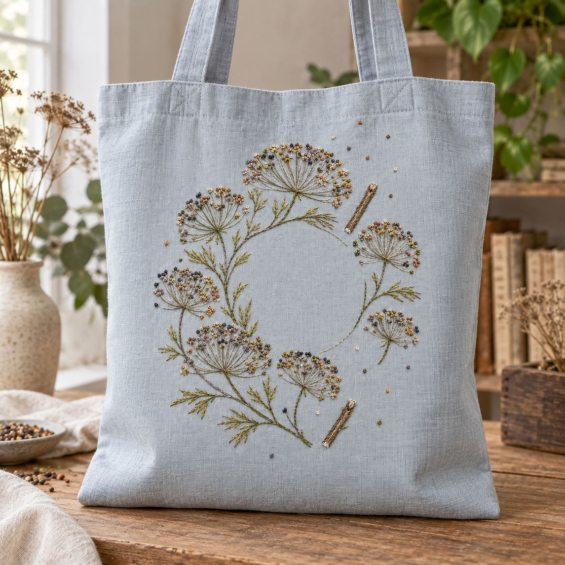 Linen tote bag mockup featuring the Umbel Seed Halo hand embroidery design. Fine umbel stems and dispersed seed points trace an incomplete halo on blue-grey linen.