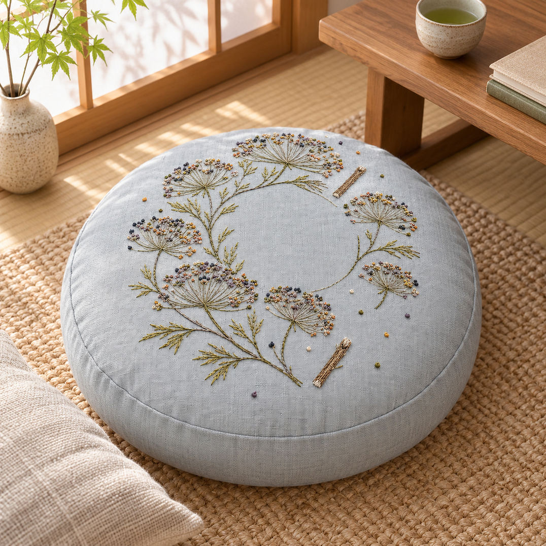 Round linen cushion mockup featuring the Umbel Seed Halo hand embroidery design. Fine umbel stems and dispersed seed points trace an incomplete halo on blue-grey linen.