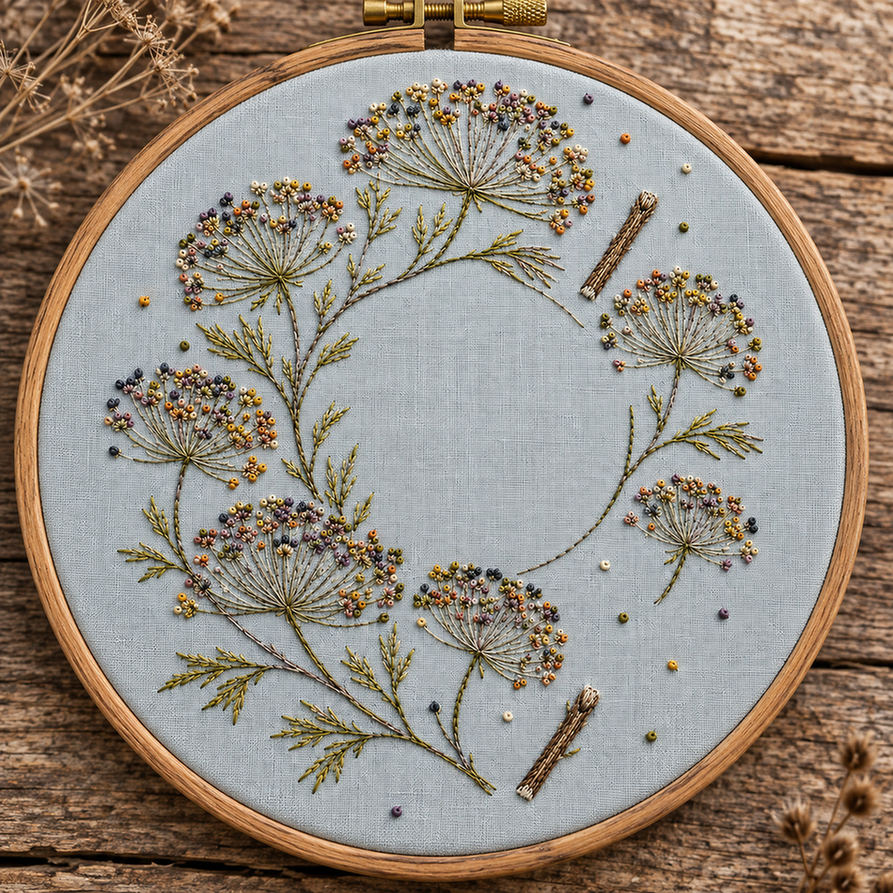Embroidery hoop mockup featuring the Umbel Seed Halo hand embroidery design. Fine umbel stems and dispersed seed points trace an incomplete halo on blue-grey linen.