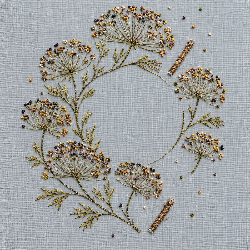 Close view of seed-head embroidery mockup featuring the Umbel Seed Halo hand embroidery design. Fine umbel stems and dispersed seed points trace an incomplete halo on blue-grey linen.
