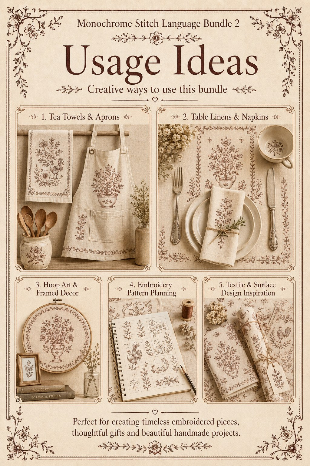 Digital PDF embroidery design bundle cover preview for Monochrome Stitch Language Bundle 2, featuring curated embroidery patterns, motif library references and textile design… - preview 10