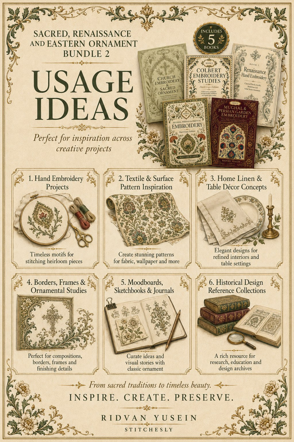 Digital PDF embroidery design bundle cover preview for Sacred, Renaissance & Eastern Ornament Bundle 2, featuring curated embroidery patterns, motif library references and… - preview 10