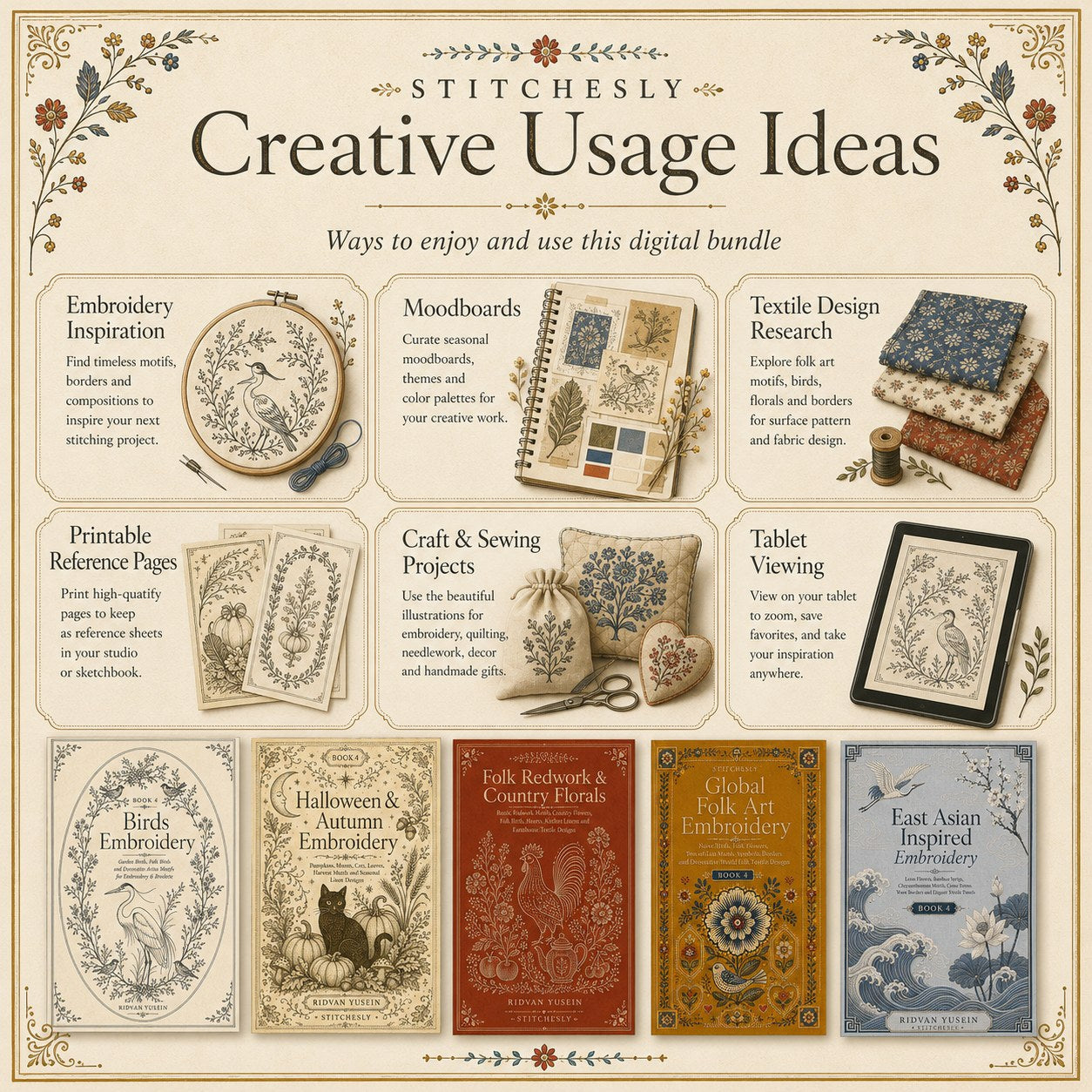 Digital PDF embroidery design bundle cover preview for Nature, Country Folk & Global Color Bundle 4, featuring curated embroidery patterns, motif library references and textile… - preview 10