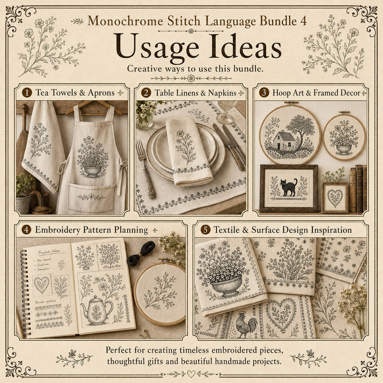 Digital PDF embroidery design bundle cover preview for Monochrome Stitch Language Bundle 4, featuring curated embroidery patterns, motif library references and textile design… - preview 10