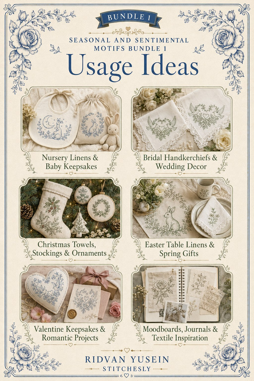 Digital PDF embroidery design bundle cover preview for Seasonal & Sentimental Motifs Bundle 1, featuring curated embroidery patterns, motif library references and textile design… - preview 10