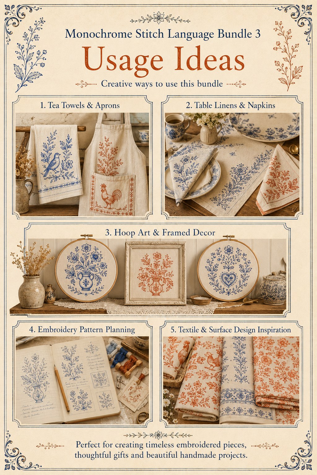 Digital PDF embroidery design bundle cover preview for Monochrome Stitch Language Bundle 3, featuring curated embroidery patterns, motif library references and textile design… - preview 10