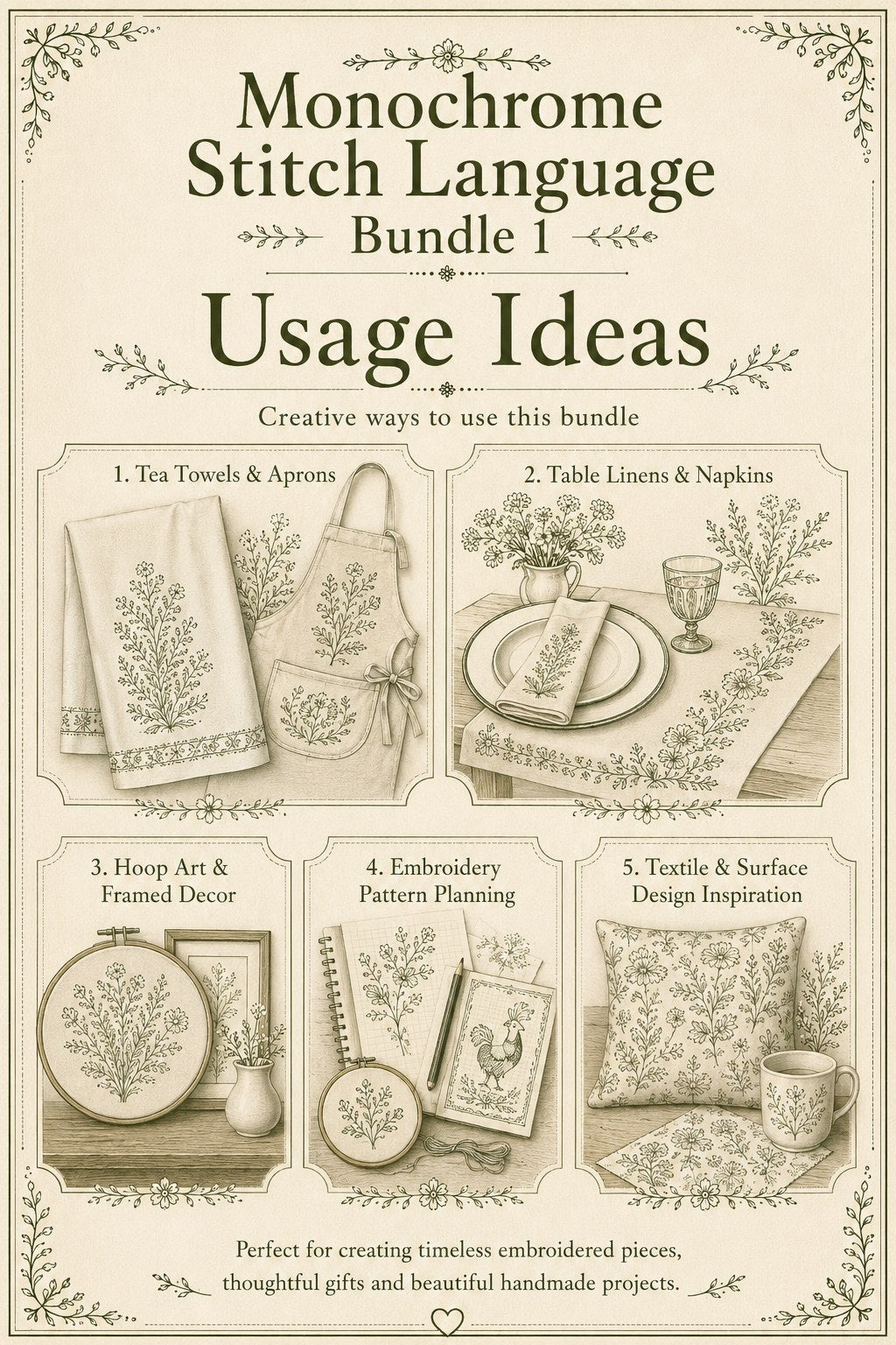 Digital PDF embroidery design bundle cover preview for Monochrome Stitch Language Bundle 1, featuring curated embroidery patterns, motif library references and textile design… - preview 10