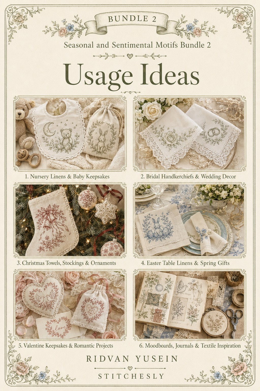 Digital PDF embroidery design bundle cover preview for Seasonal & Sentimental Motifs Bundle 2, featuring curated embroidery patterns, motif library references and textile design… - preview 10