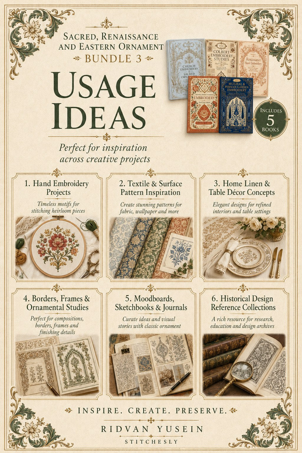 Digital PDF embroidery design bundle cover preview for Sacred, Renaissance & Eastern Ornament Bundle 3, featuring curated embroidery patterns, motif library references and… - preview 10