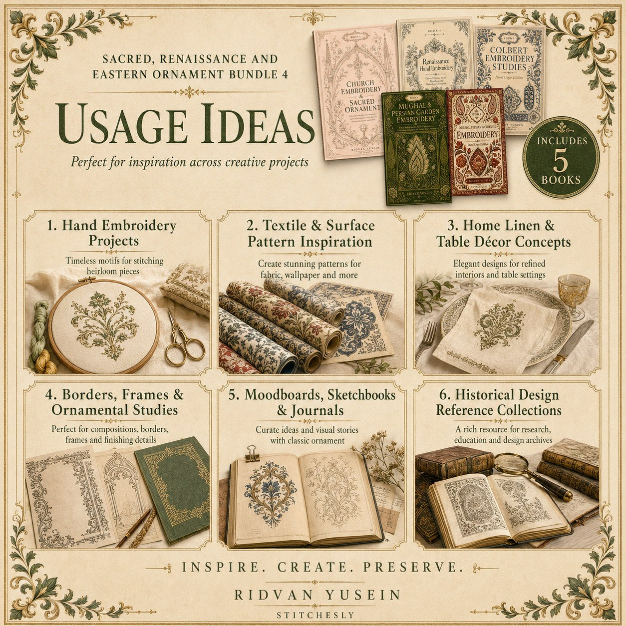 Digital PDF embroidery design bundle cover preview for Sacred, Renaissance & Eastern Ornament Bundle 4, featuring curated embroidery patterns, motif library references and… - preview 10