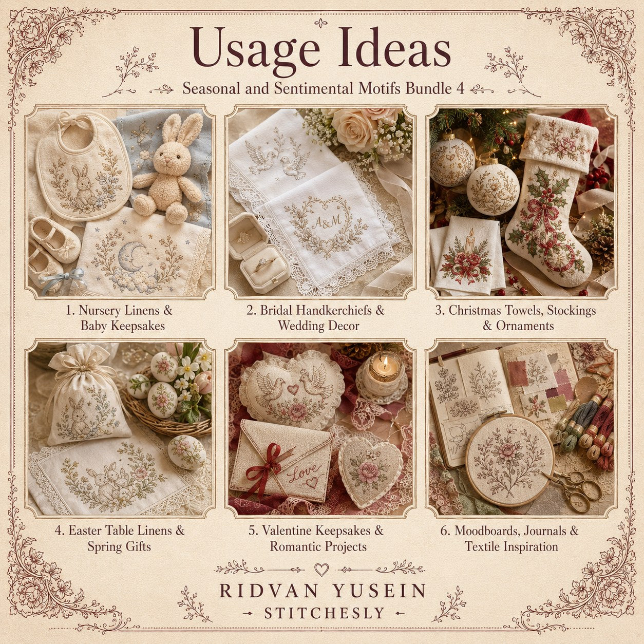 Digital PDF embroidery design bundle cover preview for Seasonal & Sentimental Motifs Bundle 4, featuring curated embroidery patterns, motif library references and textile design… - preview 10