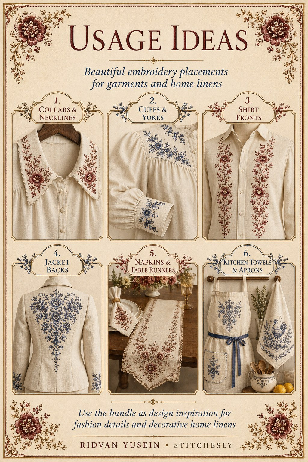 Digital PDF embroidery design bundle cover preview for Garment & Linen Placement Bundle 3, featuring curated embroidery patterns, motif library references and textile design… - preview 10