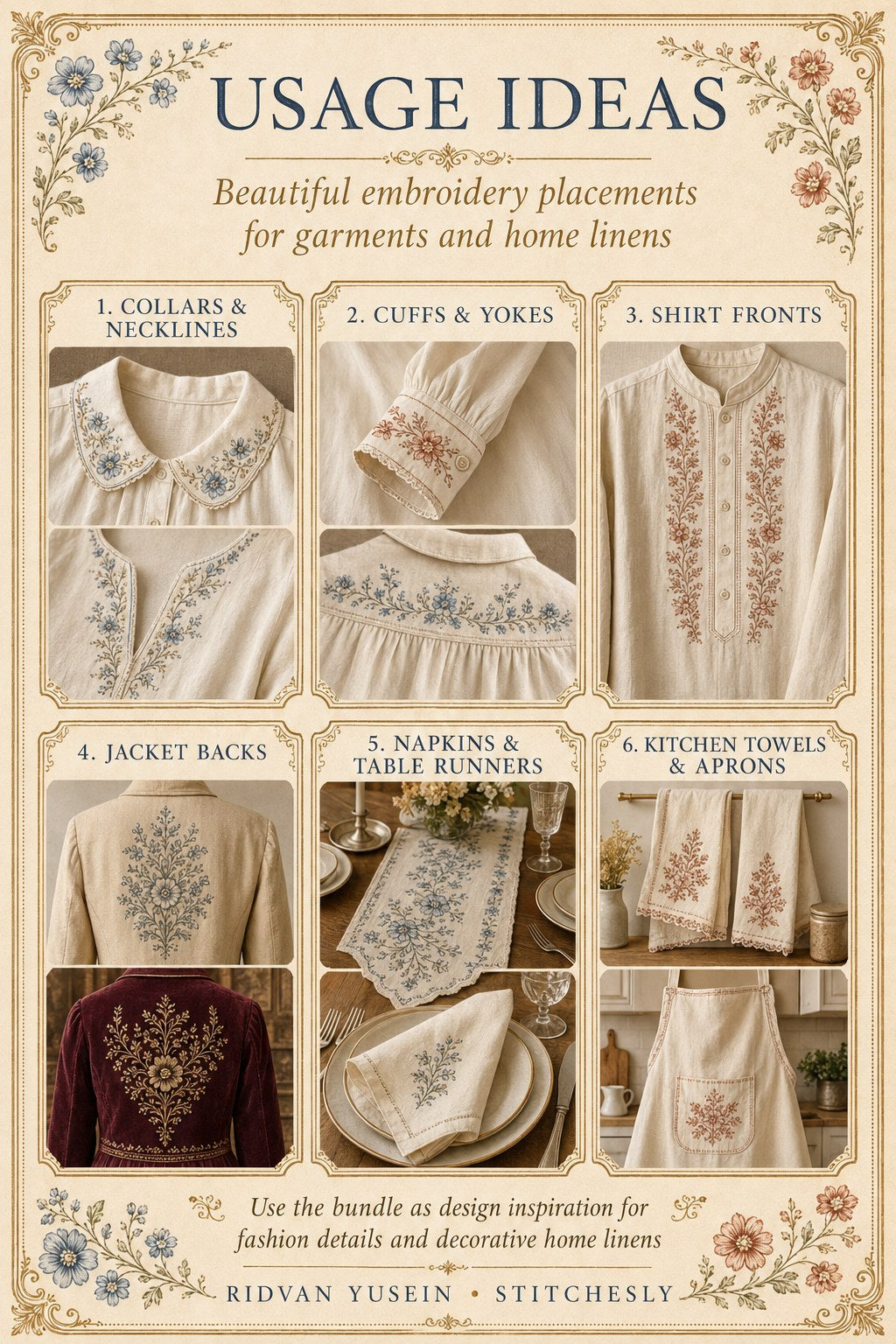 Digital PDF embroidery design bundle cover preview for Garment & Linen Placement Bundle 2, featuring curated embroidery patterns, motif library references and textile design… - preview 10