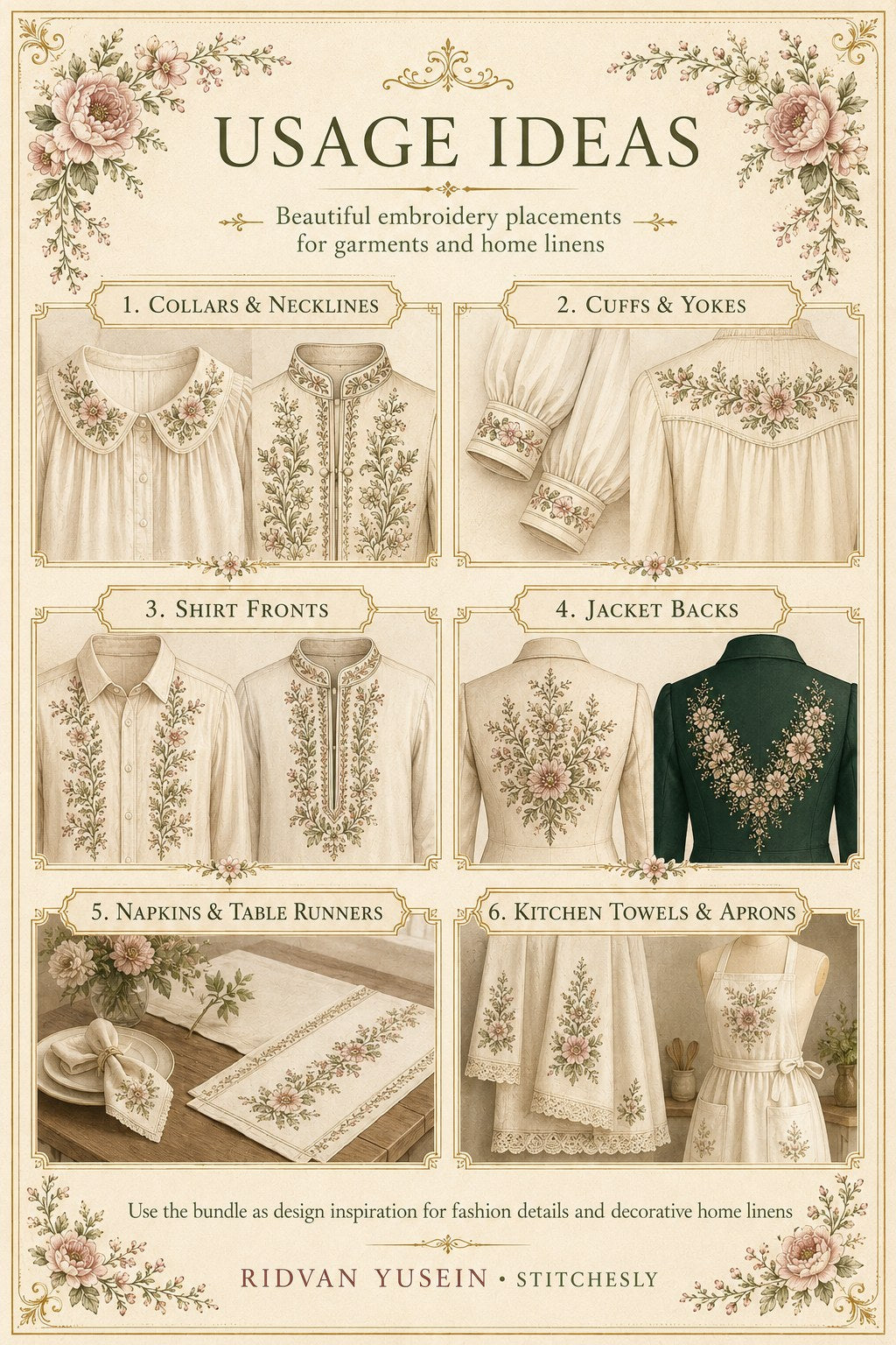 Digital PDF embroidery design bundle cover preview for Garment & Linen Placement Bundle 1, featuring curated embroidery patterns, motif library references and textile design… - preview 10