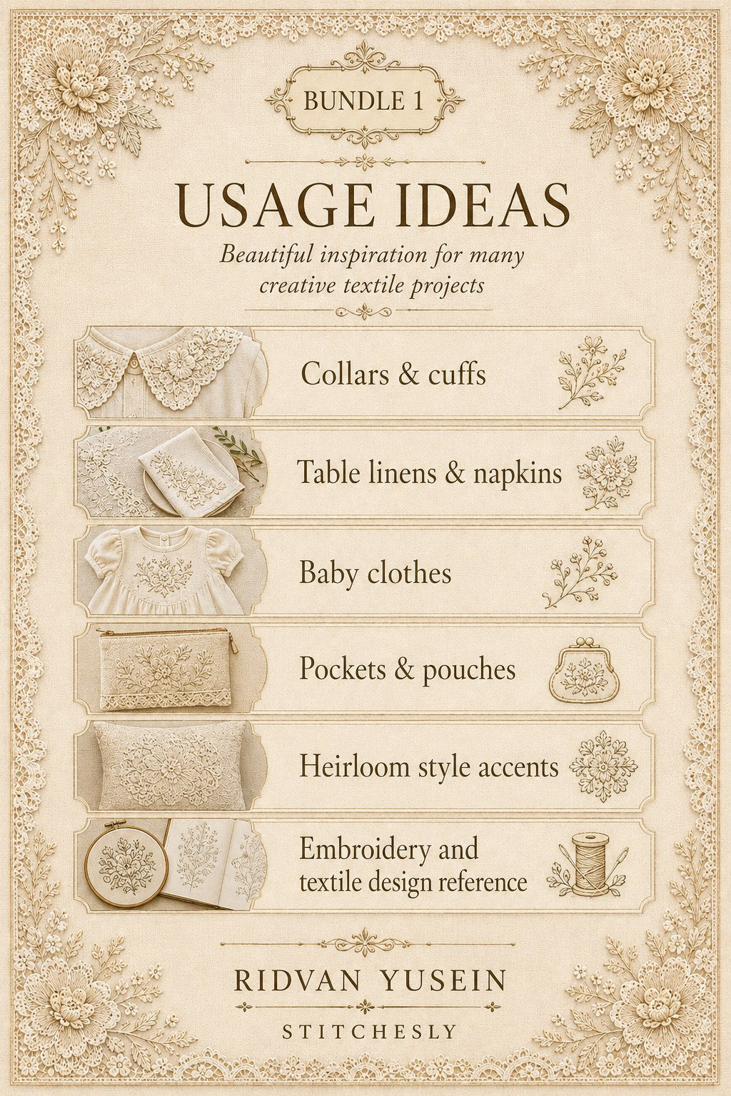 Digital PDF embroidery design bundle cover preview for Lace, Whitework & Delicate Detail Bundle 1, featuring curated embroidery patterns, motif library references and textile… - preview 10