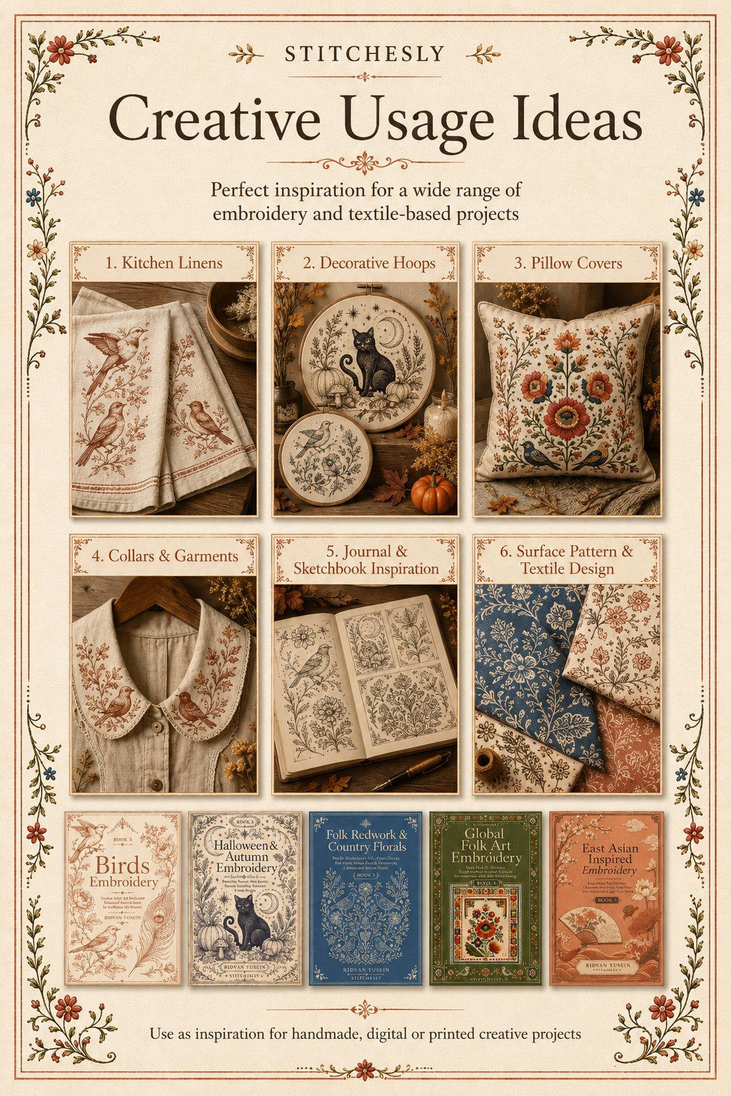 Digital PDF embroidery design bundle cover preview for Nature, Country Folk & Global Color Bundle 3, featuring curated embroidery patterns, motif library references and textile… - preview 10