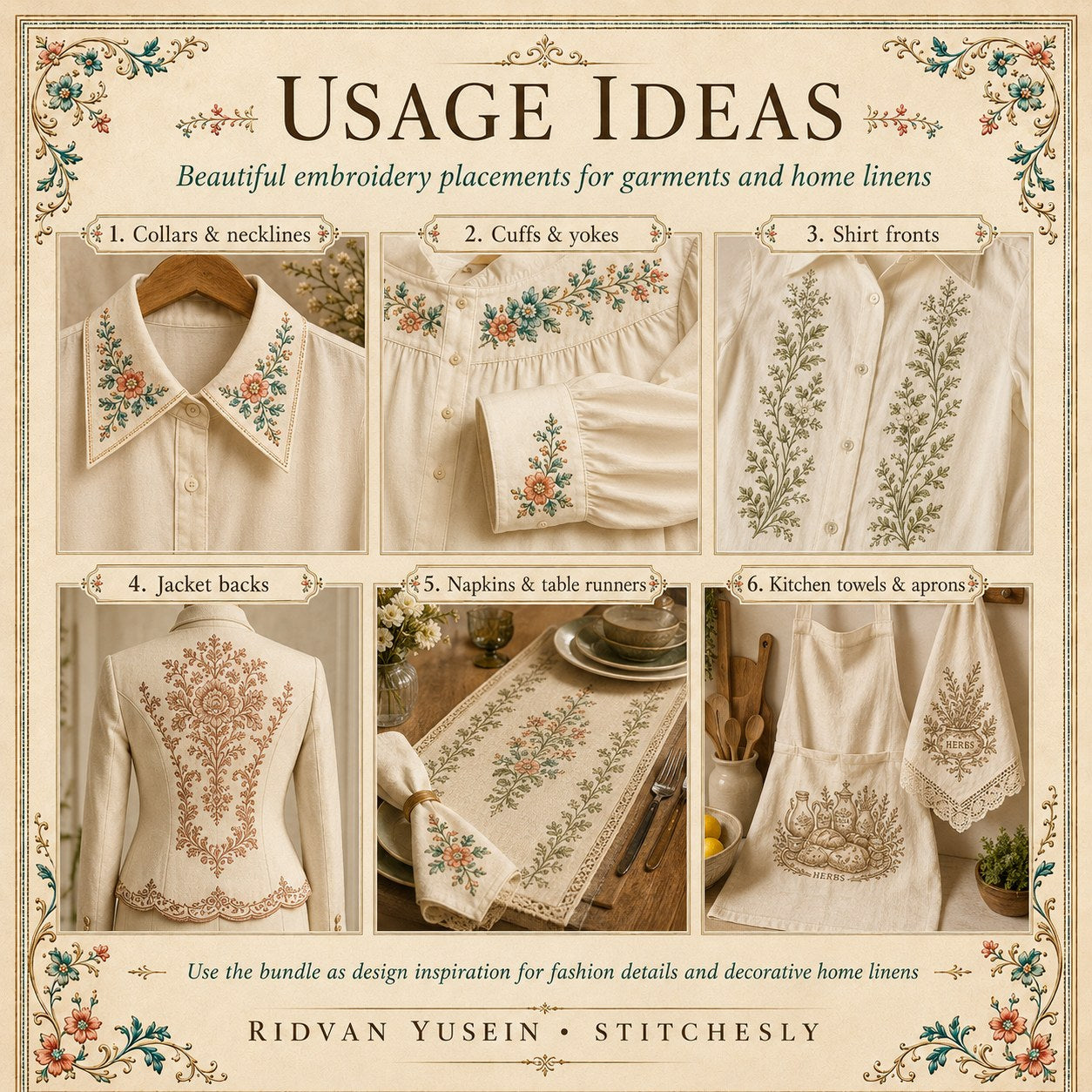 Digital PDF embroidery design bundle cover preview for Garment & Linen Placement Bundle 4, featuring curated embroidery patterns, motif library references and textile design… - preview 10