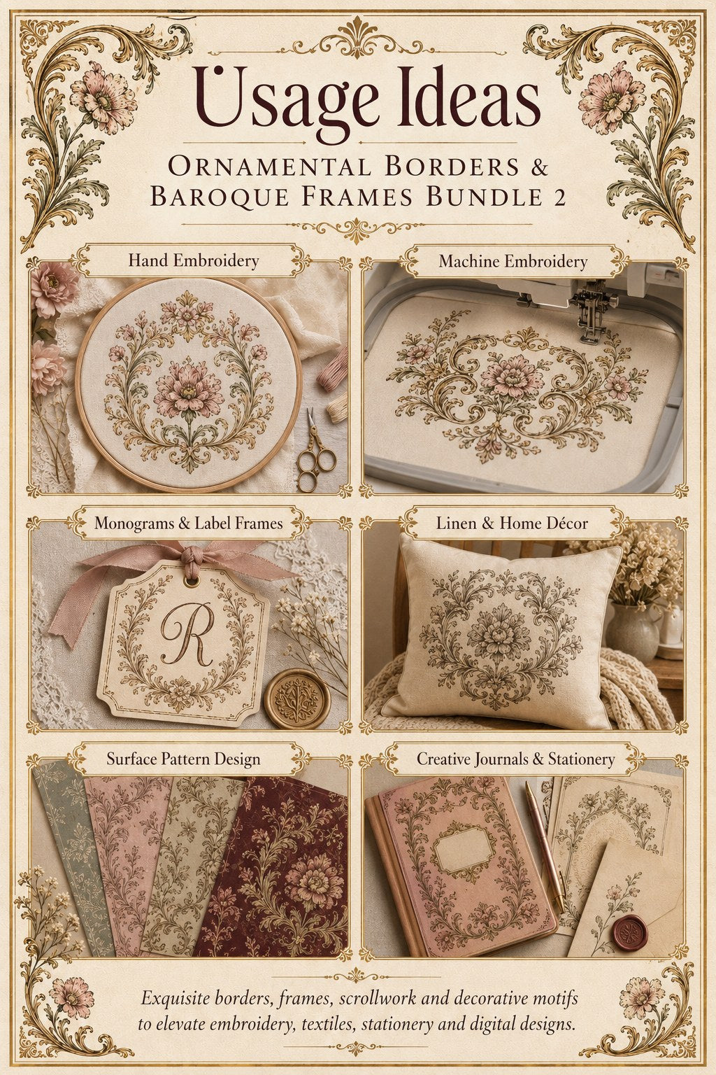 Digital PDF embroidery design bundle cover preview for Ornamental Borders & Baroque Frames Bundle 2, featuring curated embroidery patterns, motif library references and textile… - preview 10