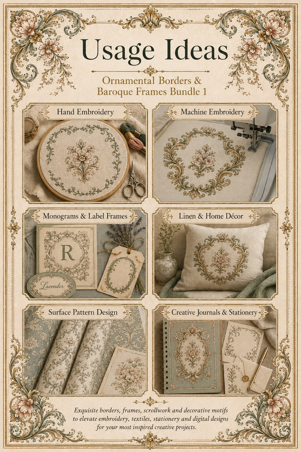 Digital PDF embroidery design bundle cover preview for Ornamental Borders & Baroque Frames Bundle 1, featuring curated embroidery patterns, motif library references and textile… - preview 10
