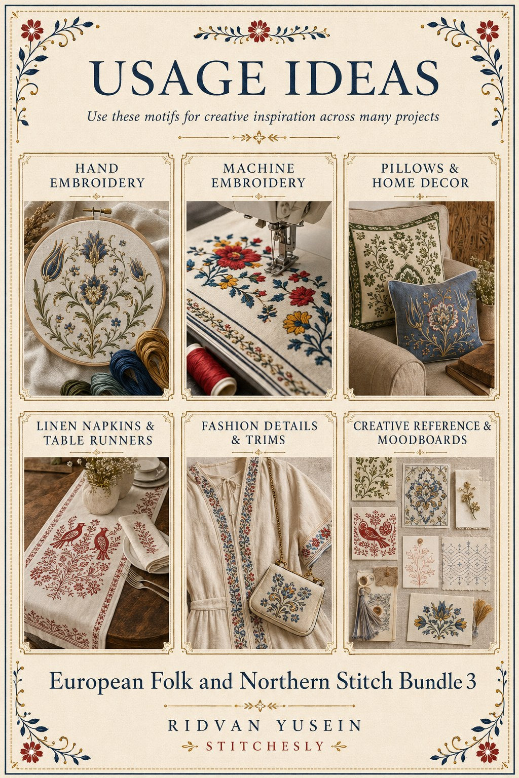 Digital PDF embroidery design bundle cover preview for European Folk & Northern Stitch Bundle 3, featuring curated embroidery patterns, motif library references and textile… - preview 10