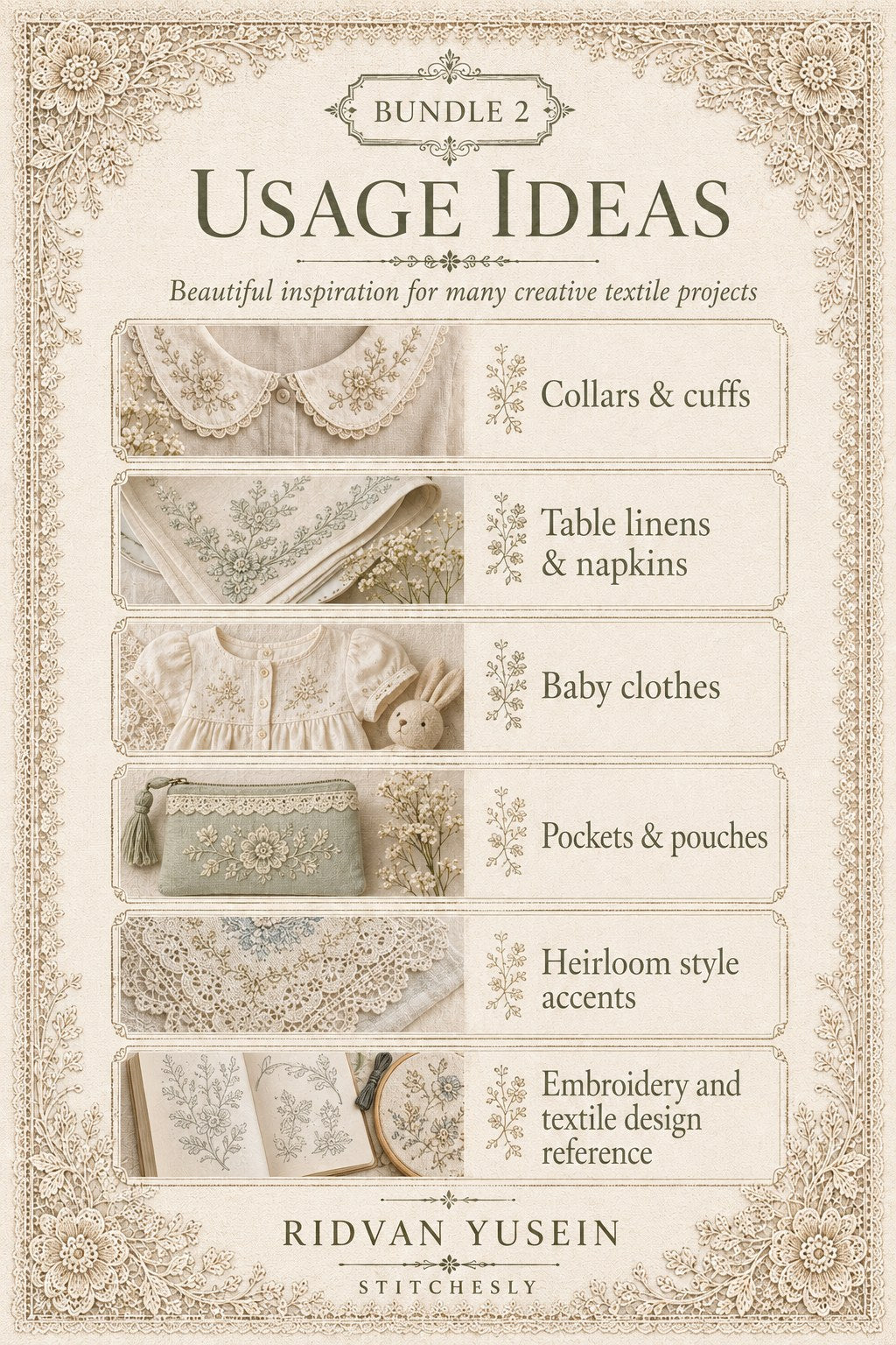 Digital PDF embroidery design bundle cover preview for Lace, Whitework & Delicate Detail Bundle 2, featuring curated embroidery patterns, motif library references and textile… - preview 10