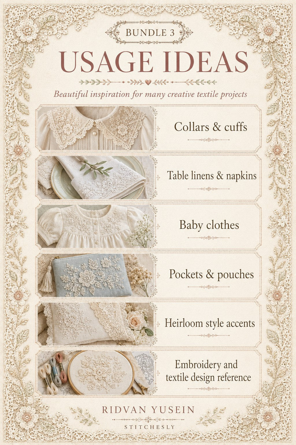 Digital PDF embroidery design bundle cover preview for Lace, Whitework & Delicate Detail Bundle 3, featuring curated embroidery patterns, motif library references and textile… - preview 12