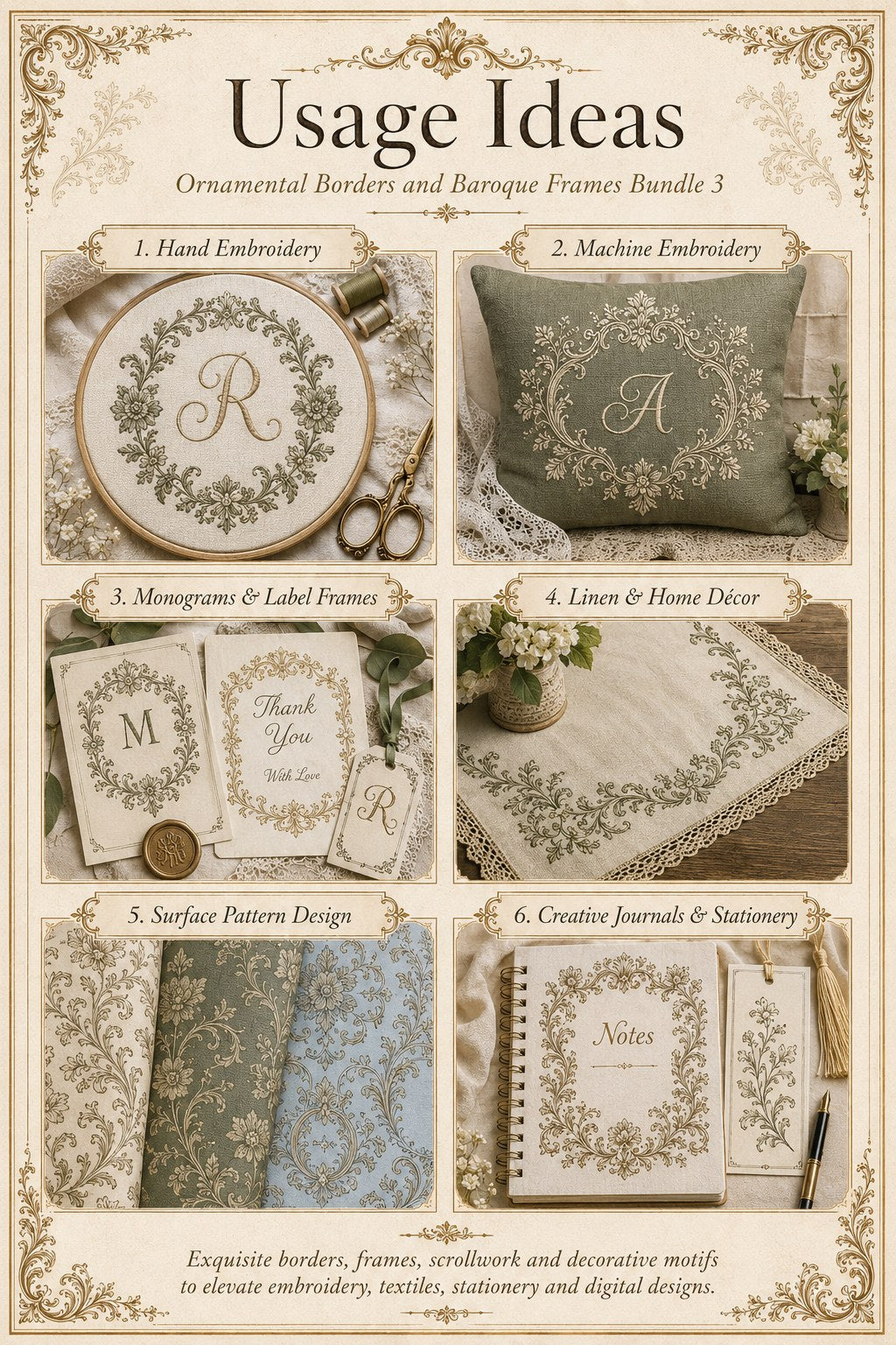 Digital PDF embroidery design bundle cover preview for Ornamental Borders & Baroque Frames Bundle 3, featuring curated embroidery patterns, motif library references and textile… - preview 10