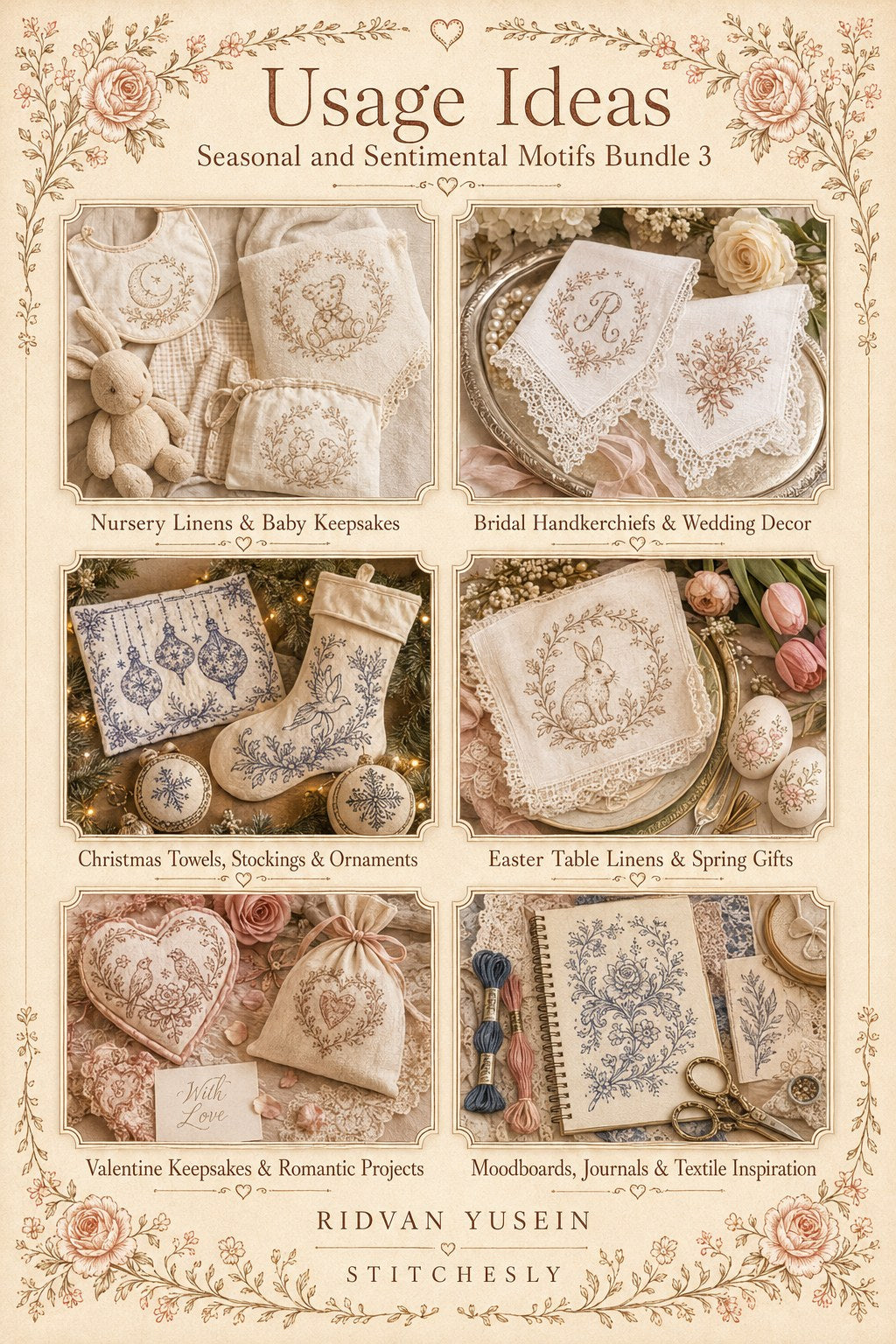 Digital PDF embroidery design bundle cover preview for Seasonal & Sentimental Motifs Bundle 3, featuring curated embroidery patterns, motif library references and textile design… - preview 10