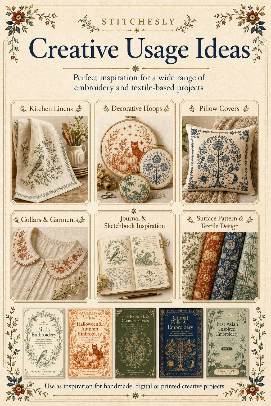 Digital PDF embroidery design bundle cover preview for Nature, Country Folk & Global Color Bundle 2, featuring curated embroidery patterns, motif library references and textile… - preview 10