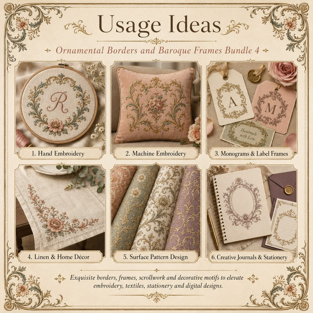 Digital PDF embroidery design bundle cover preview for Ornamental Borders & Baroque Frames Bundle 4, featuring curated embroidery patterns, motif library references and textile… - preview 10