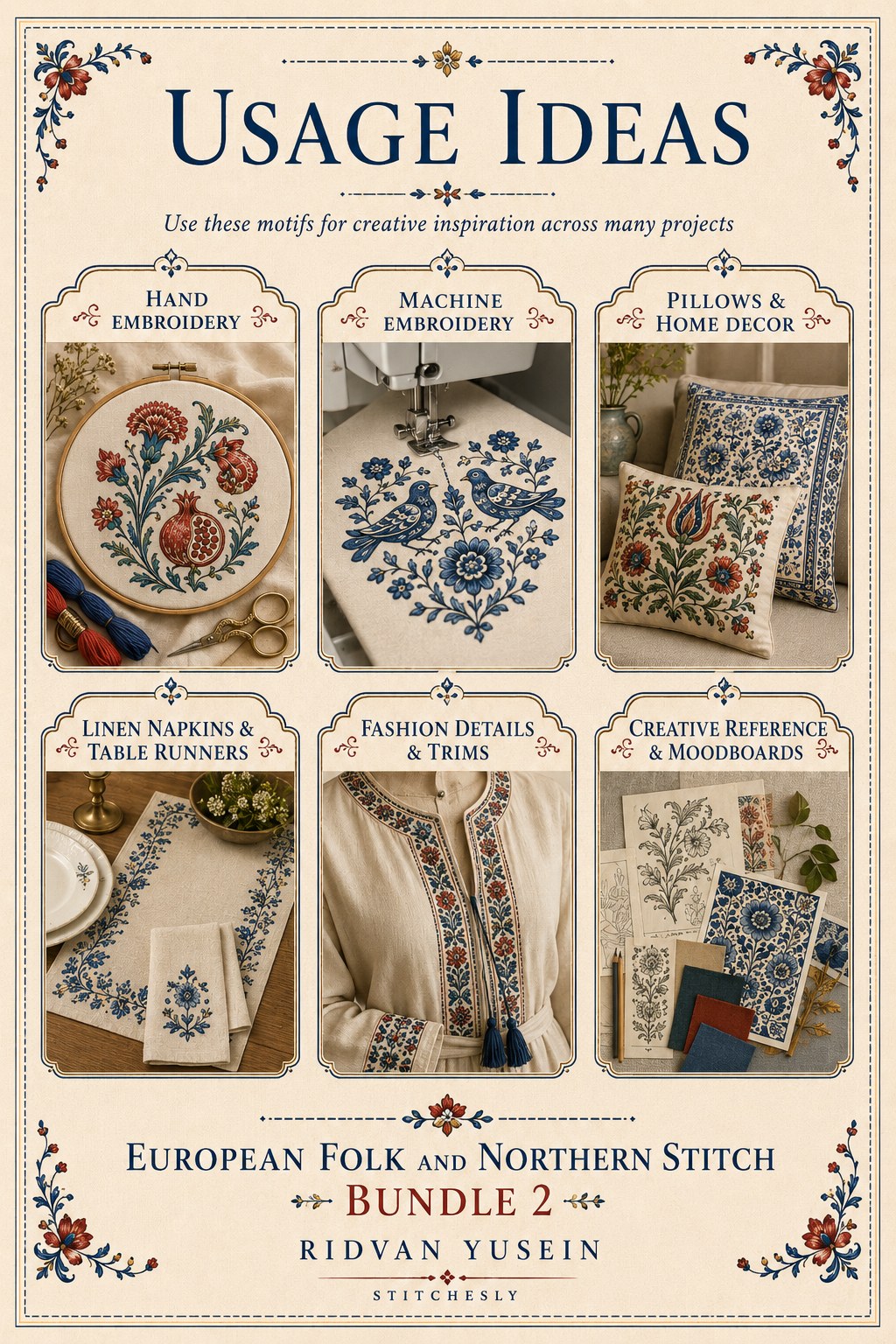 Digital PDF embroidery design bundle cover preview for European Folk & Northern Stitch Bundle 2, featuring curated embroidery patterns, motif library references and textile… - preview 10