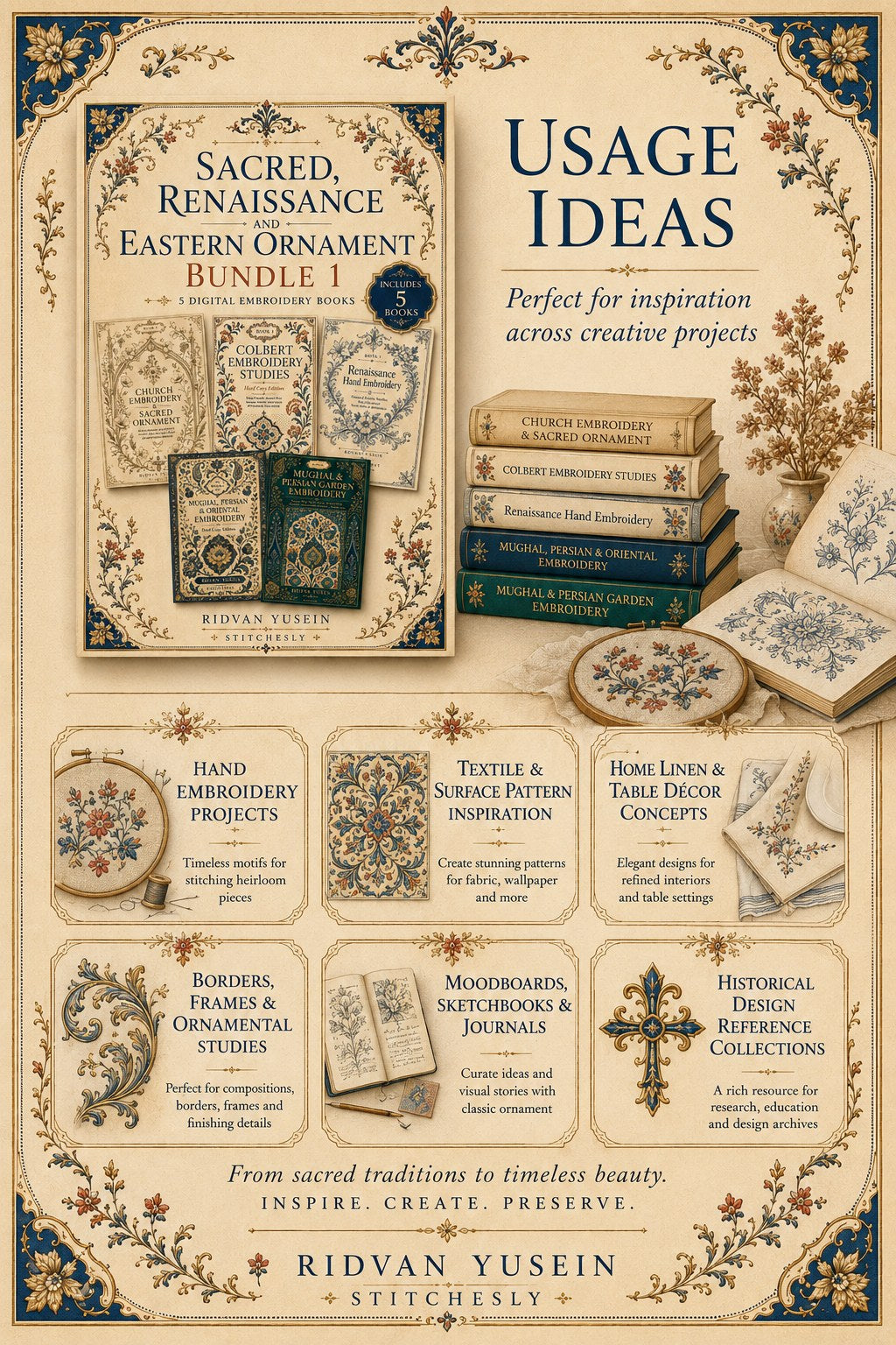 Digital PDF embroidery design bundle cover preview for Sacred, Renaissance & Eastern Ornament Bundle 1, featuring curated embroidery patterns, motif library references and… - preview 10